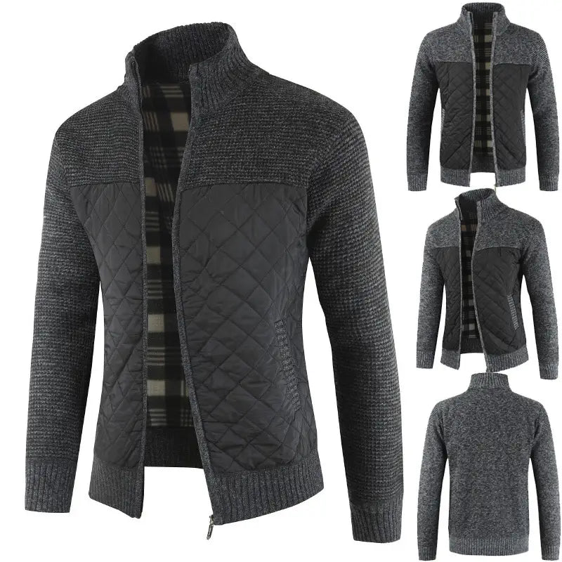 Men Quilted Knit Jacket Gray Black Casual Warm