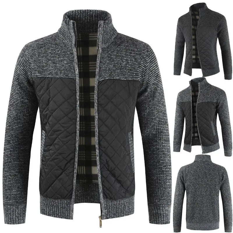 Men Quilted Knit Jacket Gray Black Casual Warm