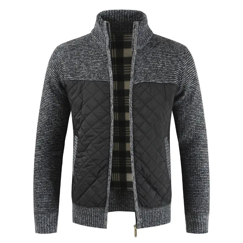 Men Quilted Knit Jacket Gray Black Casual Warm