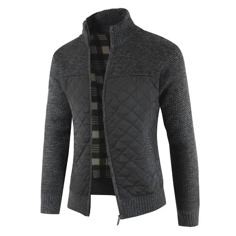 Men Quilted Knit Jacket Gray Black Casual Warm