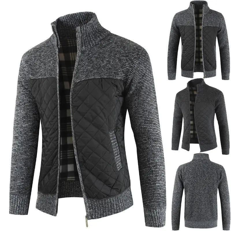 Men Quilted Knit Jacket Gray Black Casual Warm